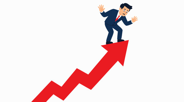 A nervous businessman in a suit standing precariously on the tip of a steep red rising arrow, looking down anxiously with hands raised, symbolizing high risk and market volatility in business finance.