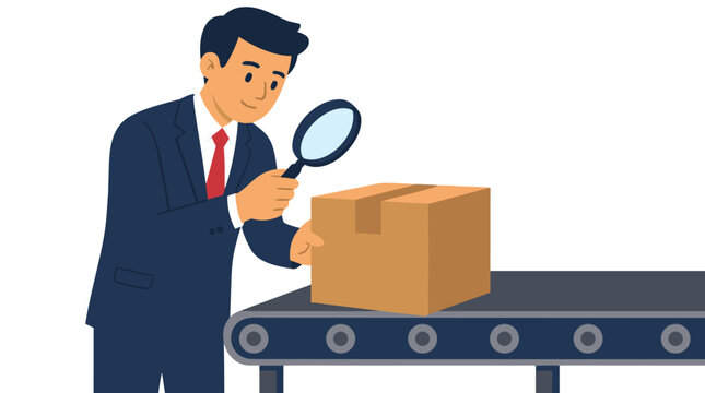 Professional businessman in a suit using a magnifying glass to inspect a cardboard box on a conveyor belt, representing quality control, logistics, supply chain management, and business inspection
