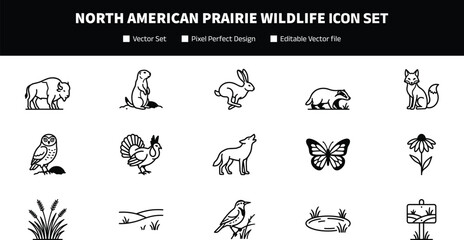 North American Prairie Wildlife and Nature Flat Color Vector Icon Collection for Animal Conservation and Graphic Design Projects © SunilKumar