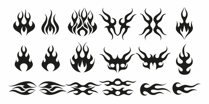 tribal flame silhouettes in black vector style on white background pattern design graphic