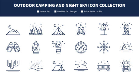 Outdoor Camping and Night Sky Icon Collection with Tent Campfire Mountain and Nature Symbols for Wilderness Design Projects © SunilKumar