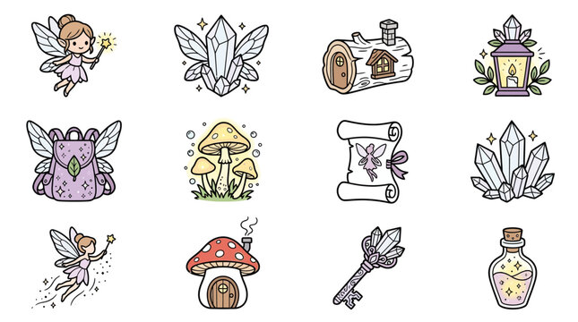 Fairy Tale Elements: Pixie, Magic Crystals, Mushroom House, Key
