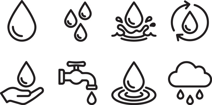 Water cycle and usage illustrated icons set