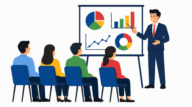 Professional businessman presenting financial data and analytics charts on whiteboard to attentive seated employees in modern corporate office meeting room