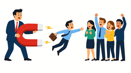 Fototapeta premium Vector illustration of a manager using a large magnet to pull back a leaving employee while a happy team cheers. Concept for talent retention, recruitment, and human resources management.