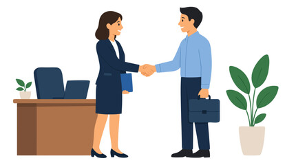 Fototapeta premium Professional business handshake between a smiling man and woman in modern office setting, vector illustration representing successful partnership, corporate recruitment, employment, and teamwork