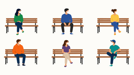 Fototapeta premium Six masked individuals sitting alone on separate park benches maintaining social distance during a pandemic, flat vector illustration of public health safety measures and isolation concepts for