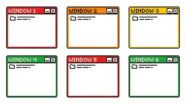 A set of six colorful digital windows, each labeled with a number and featuring a file icon. These windows are displayed in a 2x3 grid, reminiscent of a user interface