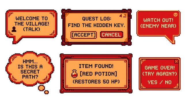 Collection of pixel art game interface elements and text pop-ups in a retro style, including quest logs and notifications