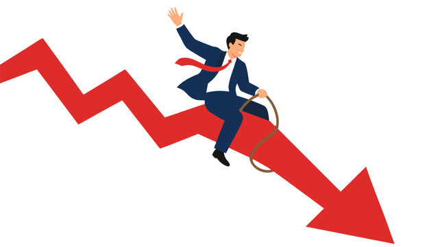 Businessman rodeo-riding plummeting red arrow graph symbolizing market crash, financial risk, and economic volatility in bold flat illustration style