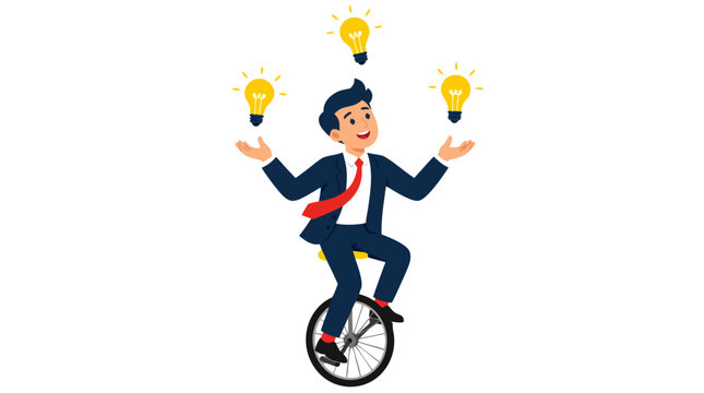 Confident businessman balancing on unicycle while juggling three glowing golden lightbulbs, vibrant flat design illustration symbolizing innovation, creativity, and multitasking success