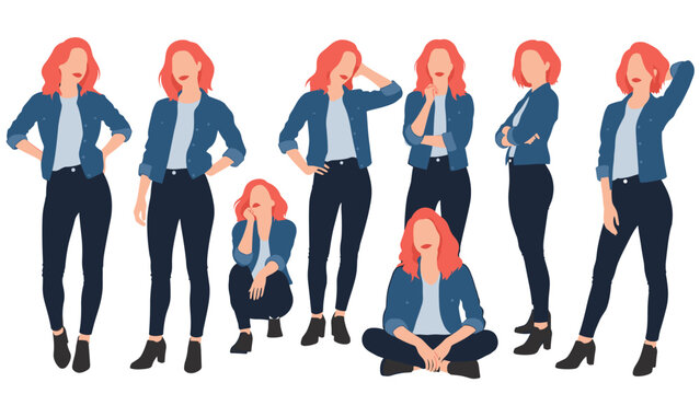 Collection of red-haired female characters in denim jackets posing in different stances to showcase casual fashion styles.