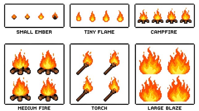 A collection of pixel art illustrations depicting various forms of fire, including embers, flames, campfires, torches, and large blazes