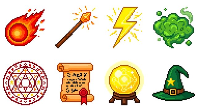 Fantasy magical elements collection, including a fireball, wand, lightning bolt, smoke cloud, magic circle, scroll, crystal ball, and witch hat