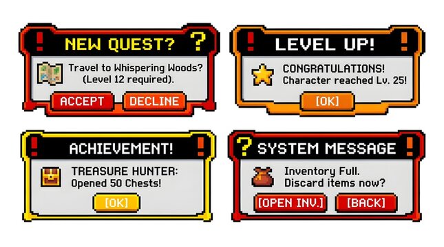 Four pixel art videogame notification windows, showing a new quest prompt, a level up message, an achievement unlocked notification, and a system message about an inventory being full
