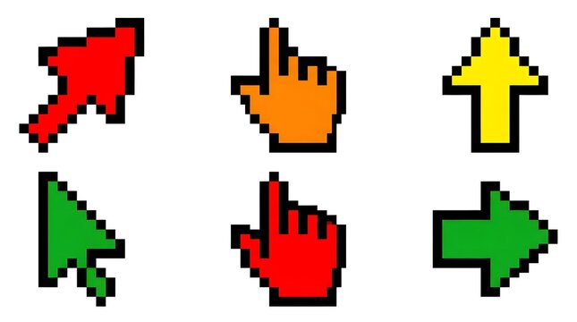A collection of six pixelated cursors in various colors including red, green, and yellow, representing different navigation options and interaction pointers