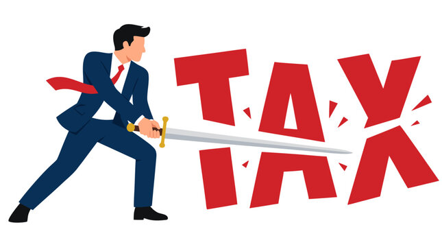 A determined businessman in a sharp blue suit swings a large sword to slash through the bold red word TAX, symbolizing aggressive tax cuts, financial relief, and reducing burdens. Flat vector