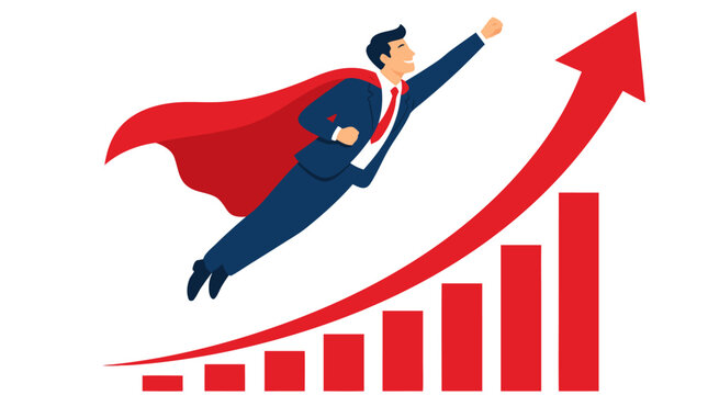 A businessman dressed as a superhero with a red cape flies upward along a large red exponential growth arrow chart, symbolizing business success, financial gain, and achieving goals in a corporate