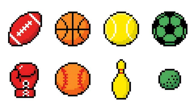 A collection of pixel art icons representing various sports equipment