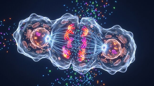 Biological representation of cellular mitosis with DNA division process in glowing neon colors division genetics microscopic