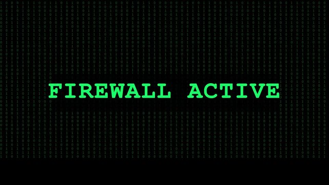 Firewall active digital security warning message on binary code animation 4k background, cyber protection