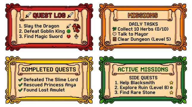 Pixel art of a video game interface showing quest log, missions, completed quests, and active missions. The interface is designed with ornate frames and clear, readable text.