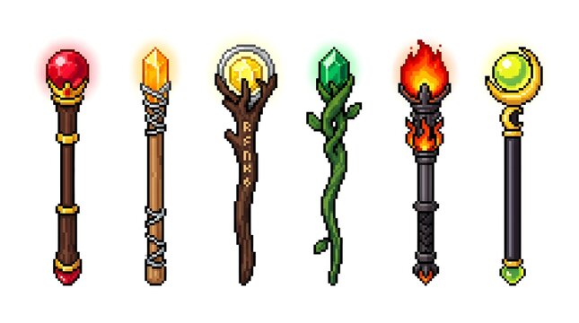 A collection of seven pixelated magic staffs, each with a unique glowing crystal or fiery element at the top, set against a neutral background