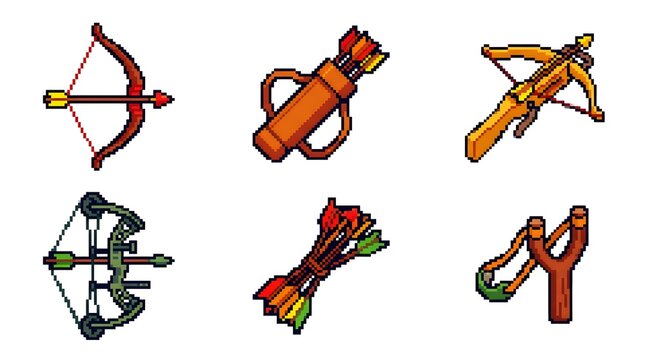 A collection of six archery-related icons, including a recurve bow and arrow, a quiver of arrows, a crossbow, a compound bow, a bundle of arrows, and a slingshot