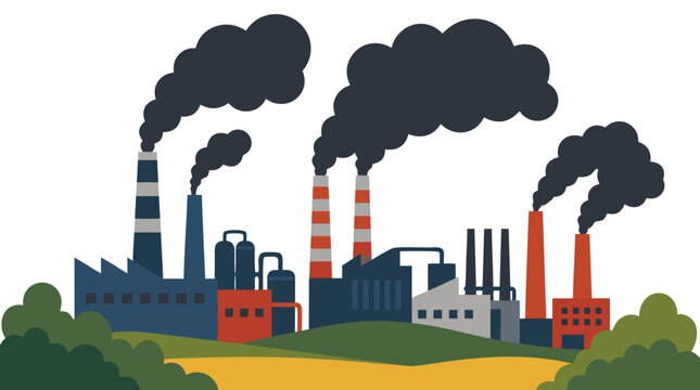 Industrial factory complex with multiple smokestacks emitting thick dark smoke clouds into the atmosphere, vector illustration representing heavy manufacturing, air pollution, and environmental