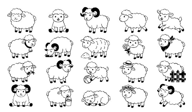Cute sheep character vector set with ram ewe lamb and farm animal illustrations