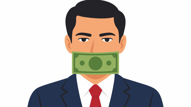 Businessman with Money Covering Mouth Symbolizing Corruption, Bribery, and Silenced Ethics in Corporate Misconduct and Financial Fraud