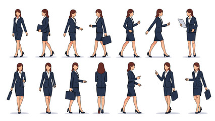 Obraz premium Sequence of walking and standing poses of a professional businesswoman wearing a dark blue skirt suit and high heels.
