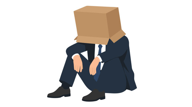 Depressed businessman sitting on floor with cardboard box over head, representing job loss, burnout, and corporate failure in modern workplace stress