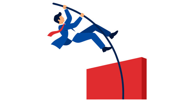 Flat vector illustration of a businessman in a blue suit pole vaulting over a large red barrier, symbolizing overcoming obstacles, professional success, career growth, and achieving ambitious goals.