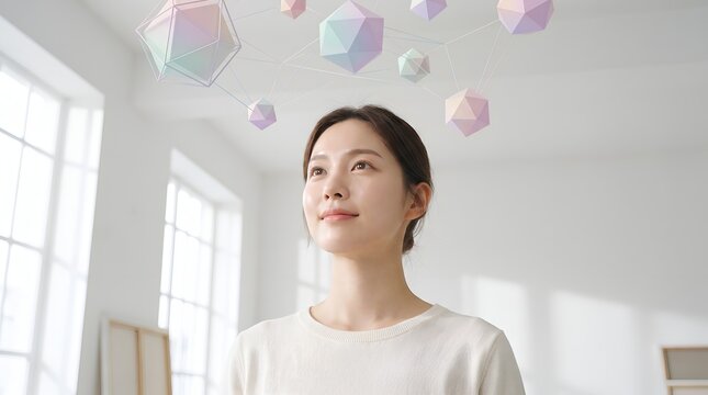 Asian woman looking at floating geometric shapes in bright studio for innovation concept