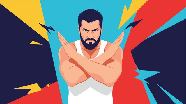 Strong bearded man makes a cross gesture with his arms to say stop or no on a bright abstract colorful background with lightning bolts.