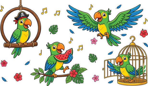 Cute green parrot cartoon character set flying singing eating watermelon sitting on perch and cage for tropical pet vector designs