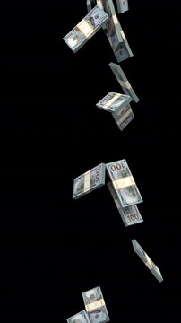 Falling stacks of dollars &ndash; 3d render looped with alpha channel.