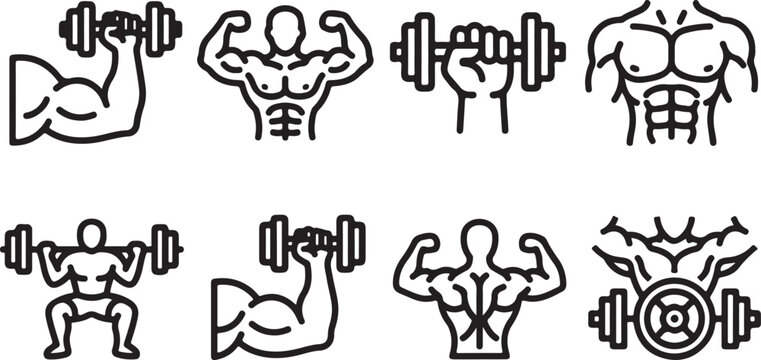 Flat design icons of weightlifting exercises and bodybuilding