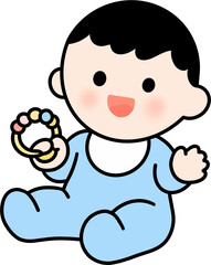 Cute newborn baby sitting and playing with a rattle, happy infant in blue onesie