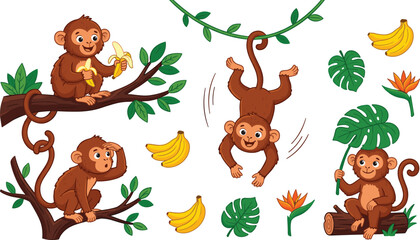 Cute little monkey character set climbing on jungle tree branches eating bananas and swinging on vines for children education vector designs © Md. Al-Amin