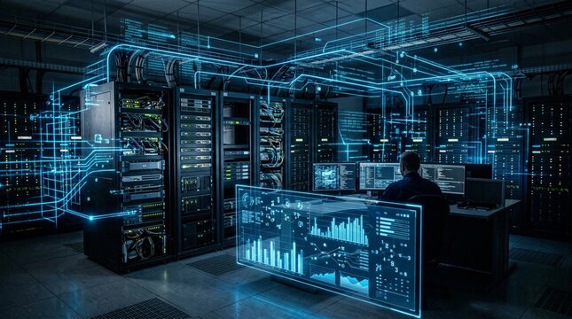 Futuristic Digital Cybersecurity Overlay with Glowing Cyan Data Lines and Floating Numeric Nodes Surrounding a Modern Data Center Server Room, IT Professional Working at Computer Terminal, High-Tech