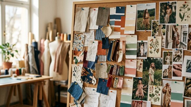 Professional Fashion Designer Inspiration Board Displaying Fabric Swatches, Color Palette Chips, Ribbon Samples and Style Mood Board in Creative Textile Design Studio Workspace with Mannequin