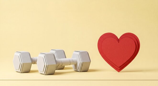 Minimalist 3D papercraft style dumbbells and red heart