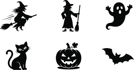Fototapeta premium Halloween Silhouettes Witch Ghost Cat Pumpkin And Bat On White Background