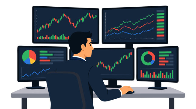 Flat vector illustration of a professional trader sitting at a desk surrounded by multiple computer monitors displaying financial stock market charts, graphs, candlestick data, and pie charts in a