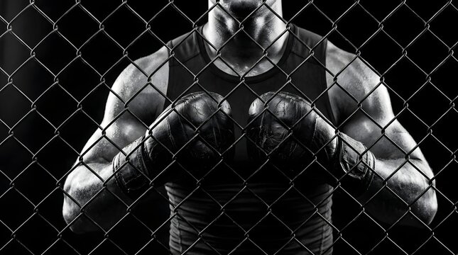 Muscular fighter standing behind a chain link fence preparing for a mixed martial arts combat match