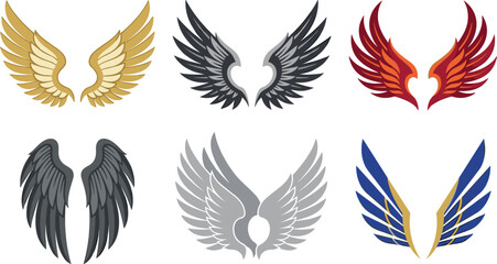 Angel wings vector set featuring tribal heraldic and military style feather wings in gold black red grey silver and blue colors © Md. Al-Amin