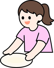 Cute girl setting table with empty plate, child helping housework concept illustration