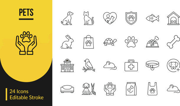 Comprehensive collection of pet care line art icons featuring animals accessories veterinary symbols with editable strokes for design projects veterinary